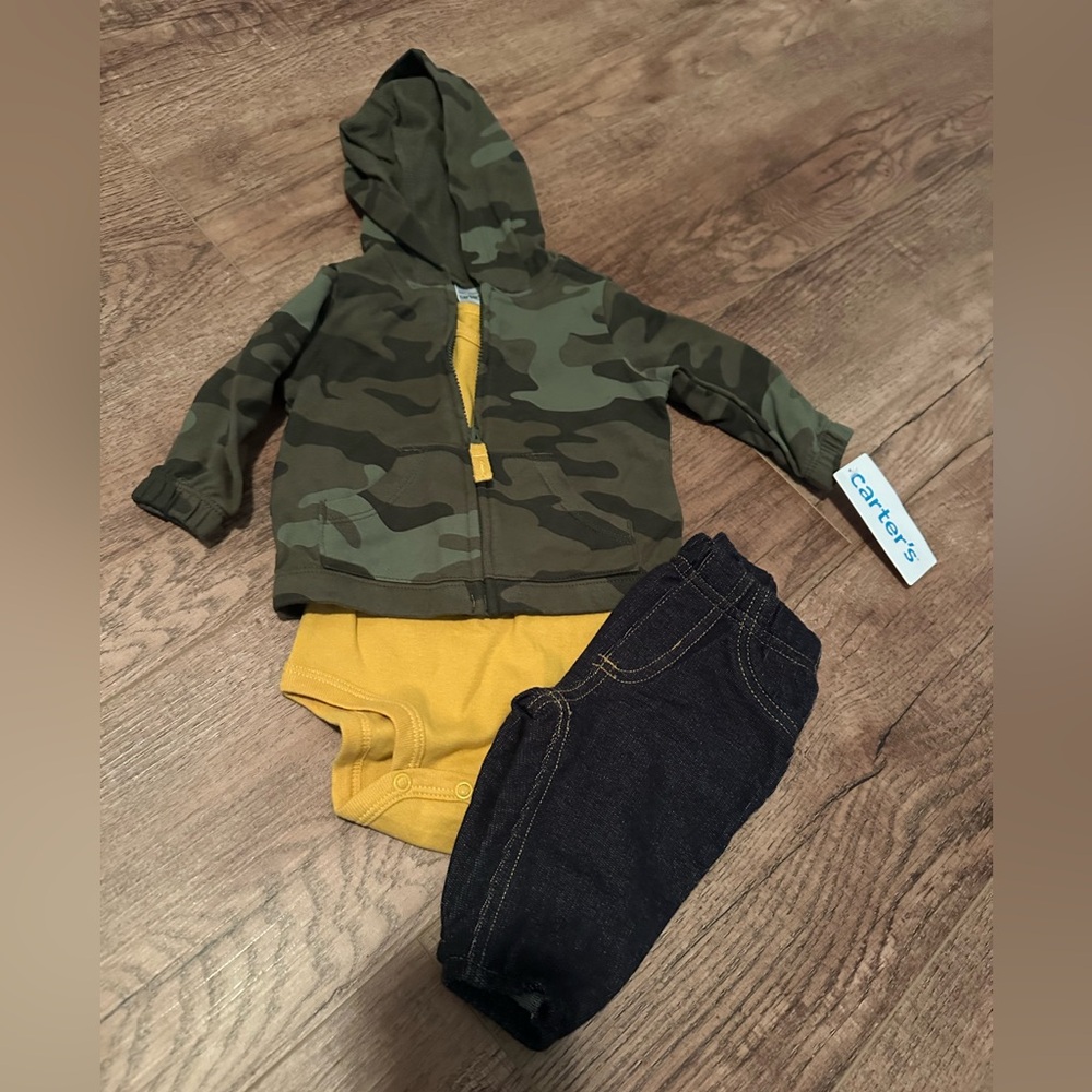 NEW Carters 3 month baby boy outfit Zip up camo, soft denim, onesie